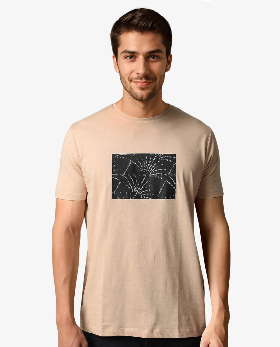 Rare Rabbit Men's Glam Beige Cotton Graphic Print Slim Fit Half Sleeve Crew Neck T-Shirt