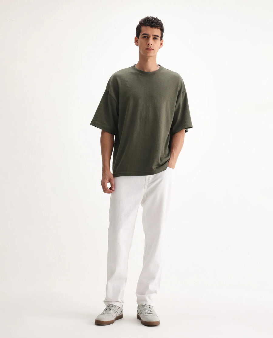 Rare Rabbit Men's Gleb White Cotton Plain Kurt Carrot Fit Jeans