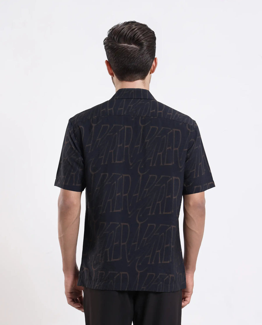 Rare Rabbit Men's Gless Grey Viscose Blend Fabric Half Sleeve Spread Collar Monogram Print Shirt