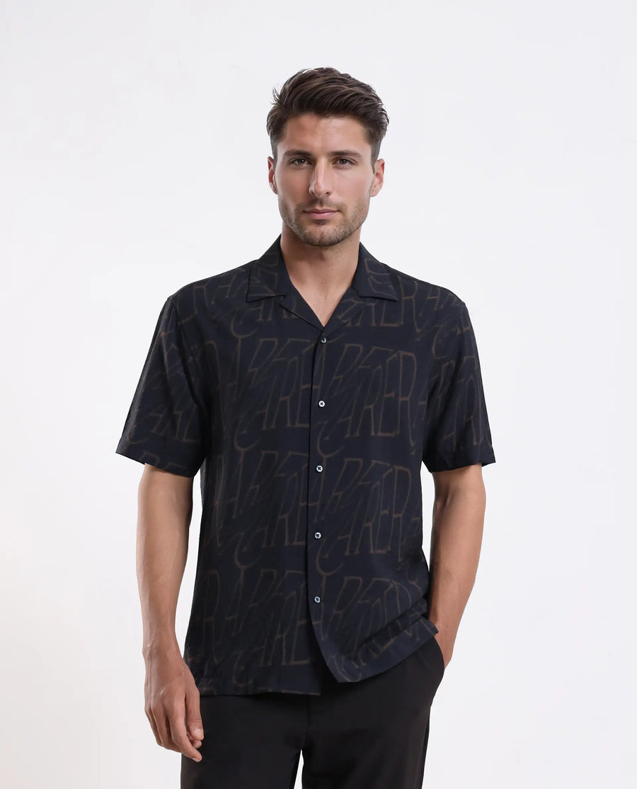 Rare Rabbit Men's Gless Grey Viscose Blend Fabric Half Sleeve Spread Collar Monogram Print Shirt