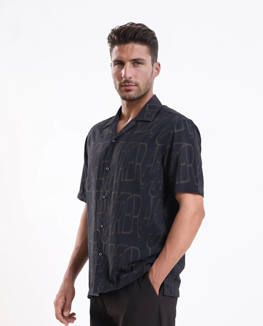 Rare Rabbit Men's Gless Grey Viscose Blend Fabric Half Sleeve Spread Collar Monogram Print Shirt