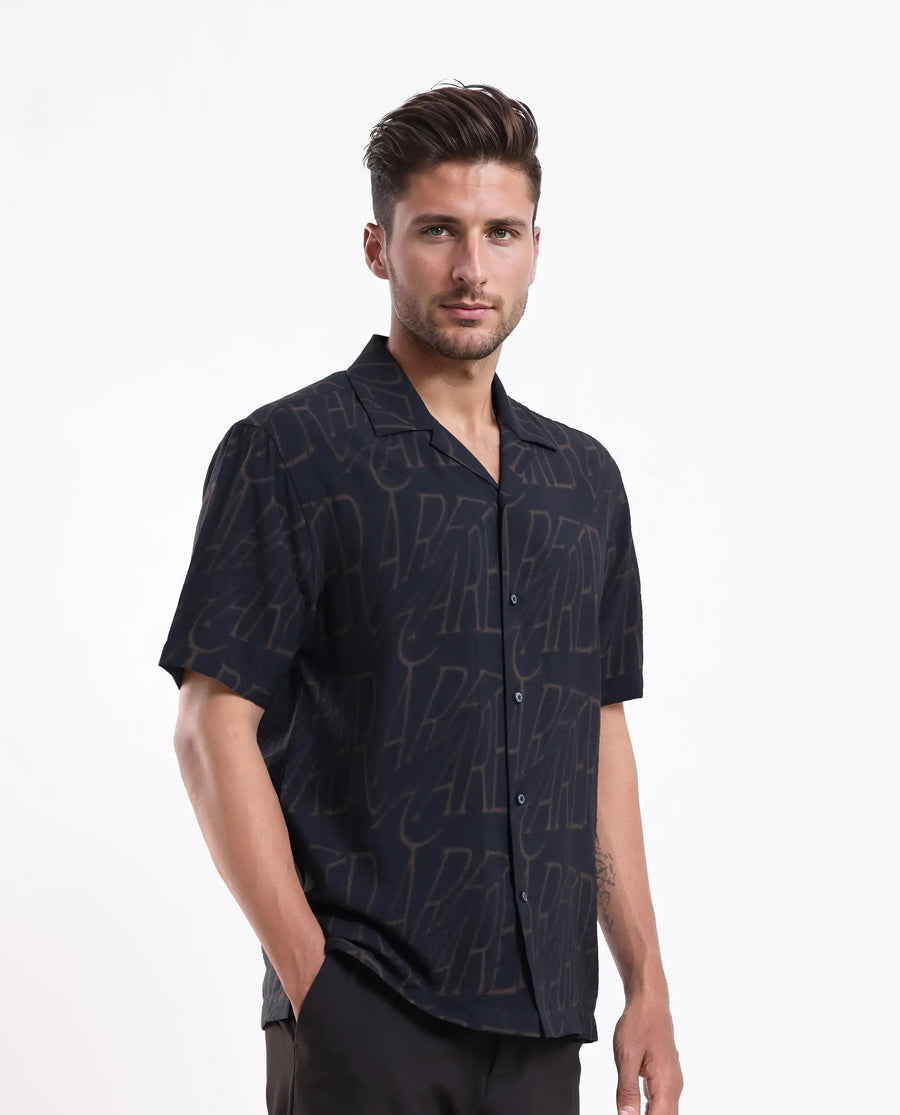 Rare Rabbit Men's Gless Grey Viscose Blend Fabric Half Sleeve Spread Collar Monogram Print Shirt