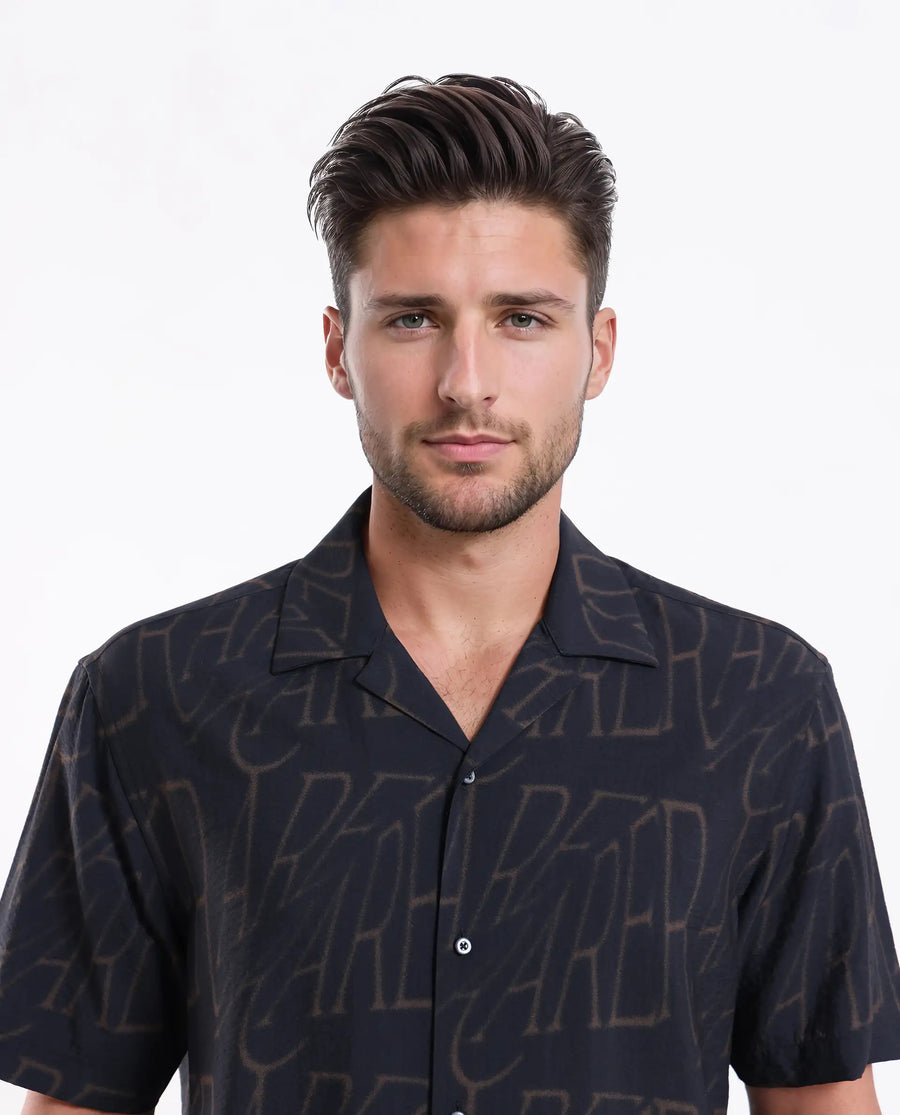 Rare Rabbit Men's Gless Grey Viscose Blend Fabric Half Sleeve Spread Collar Monogram Print Shirt