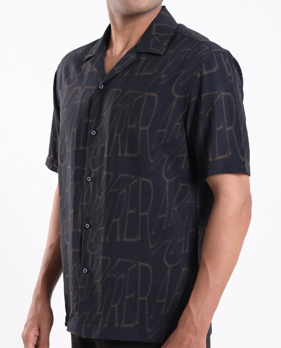 Rare Rabbit Men's Gless Grey Viscose Blend Fabric Half Sleeve Spread Collar Monogram Print Shirt