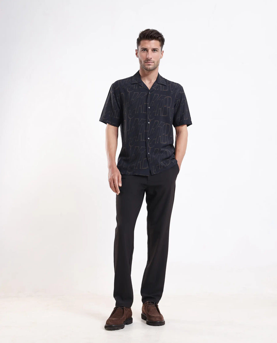 Rare Rabbit Men's Gless Grey Viscose Blend Fabric Half Sleeve Spread Collar Monogram Print Shirt