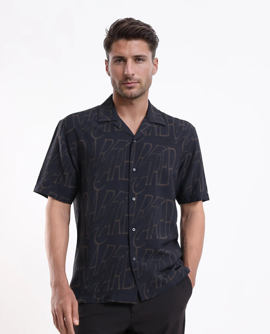 Rare Rabbit Men's Gless Grey Viscose Blend Fabric Half Sleeve Spread Collar Monogram Print Shirt
