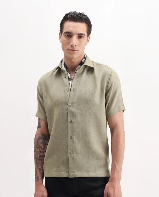 Rare Rabbit Men's Glet Dusky Green Polyester Plain Regular Fit Half Sleeve Collared Shirt