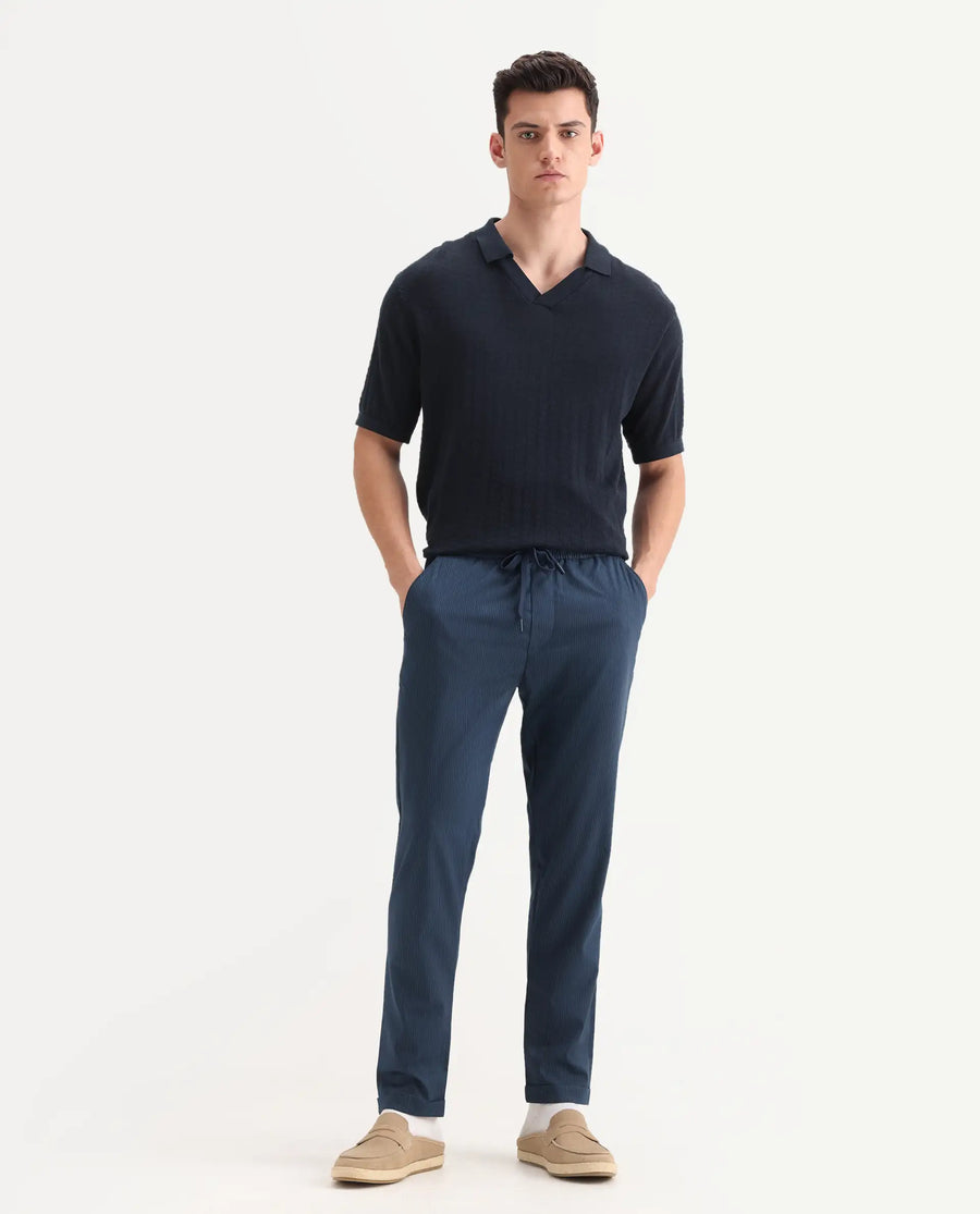 Rare Rabbit Men's Glew Dark Teal Cotton Plain Regular Fit Trouser