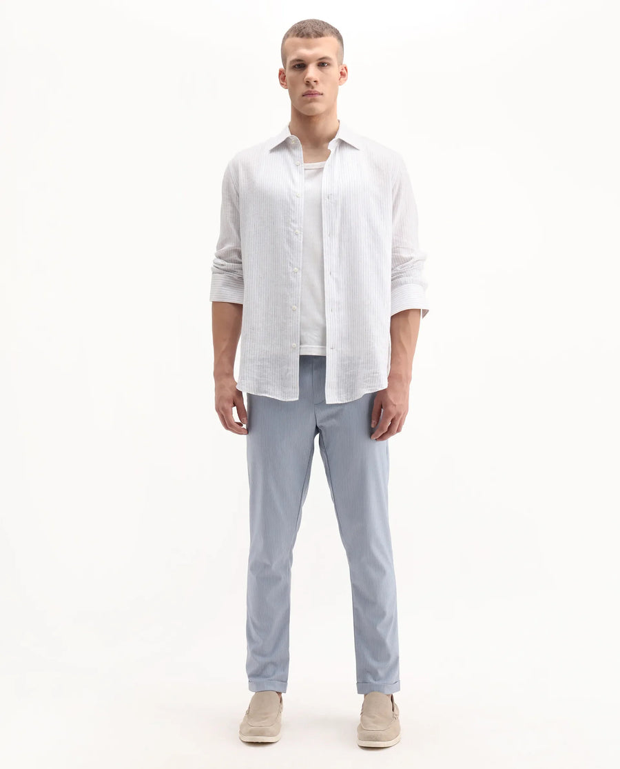 Rare Rabbit Men's Glew Pastel Blue Cotton Striped Print Regular Fit Trouser