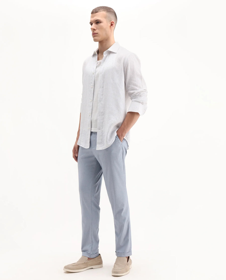 Rare Rabbit Men's Glew Pastel Blue Cotton Striped Print Regular Fit Trouser