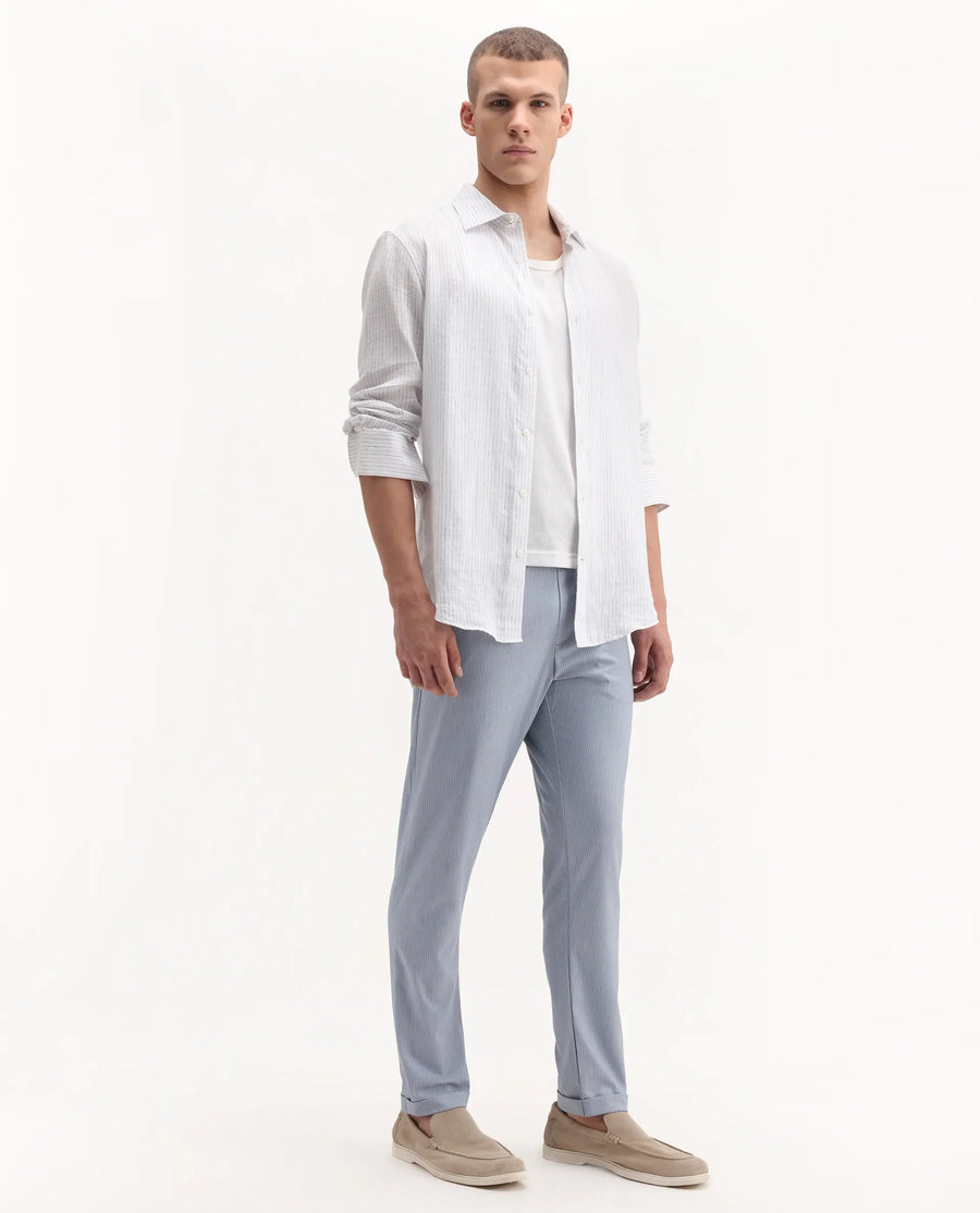 Rare Rabbit Men's Glew Pastel Blue Cotton Striped Print Regular Fit Trouser