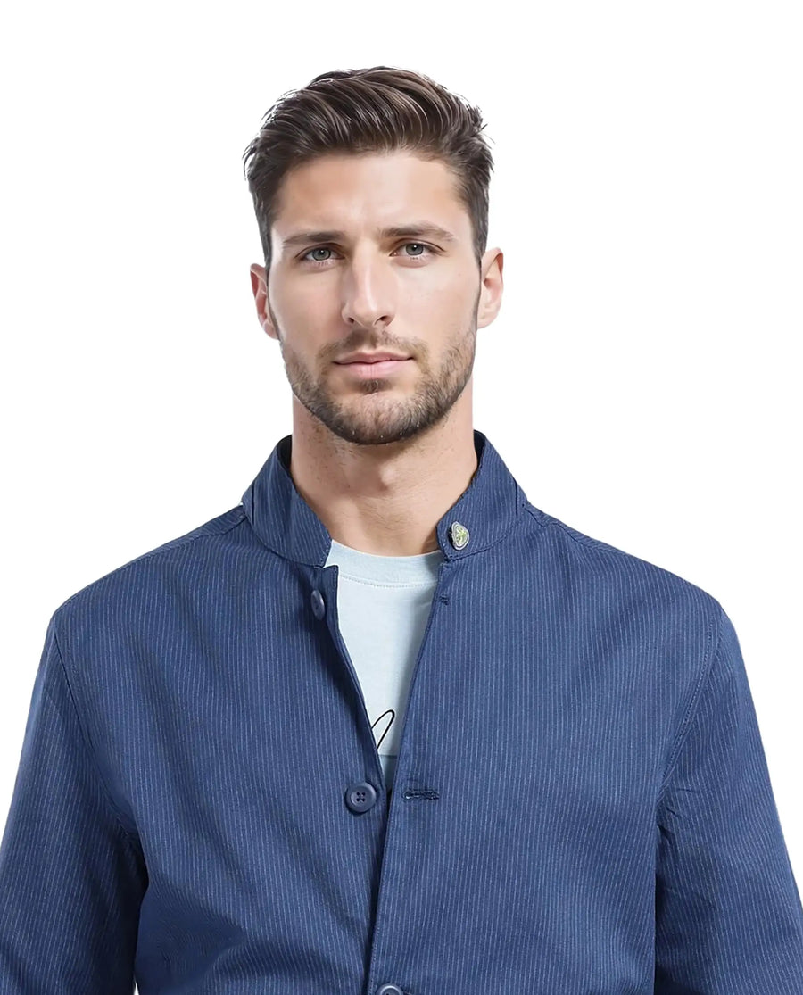 Rare Rabbit Men's Glewt Dark Teal Polyester Blend Striped Print Regular Fit Full Sleeve Mandarin Collar Jacket