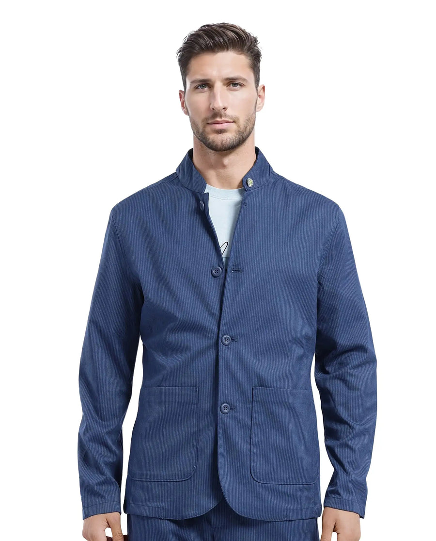 Rare Rabbit Men's Glewt Dark Teal Polyester Blend Striped Print Regular Fit Full Sleeve Mandarin Collar Jacket