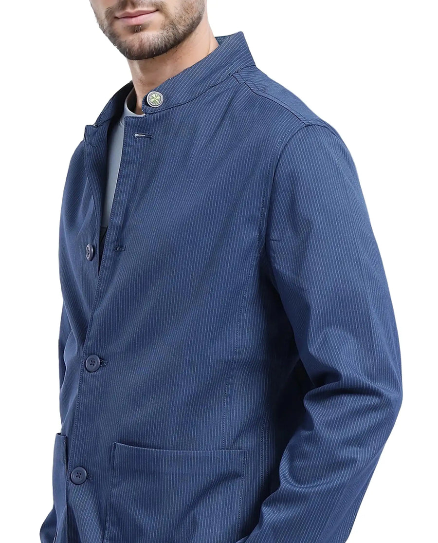 Rare Rabbit Men's Glewt Dark Teal Polyester Blend Striped Print Regular Fit Full Sleeve Mandarin Collar Jacket