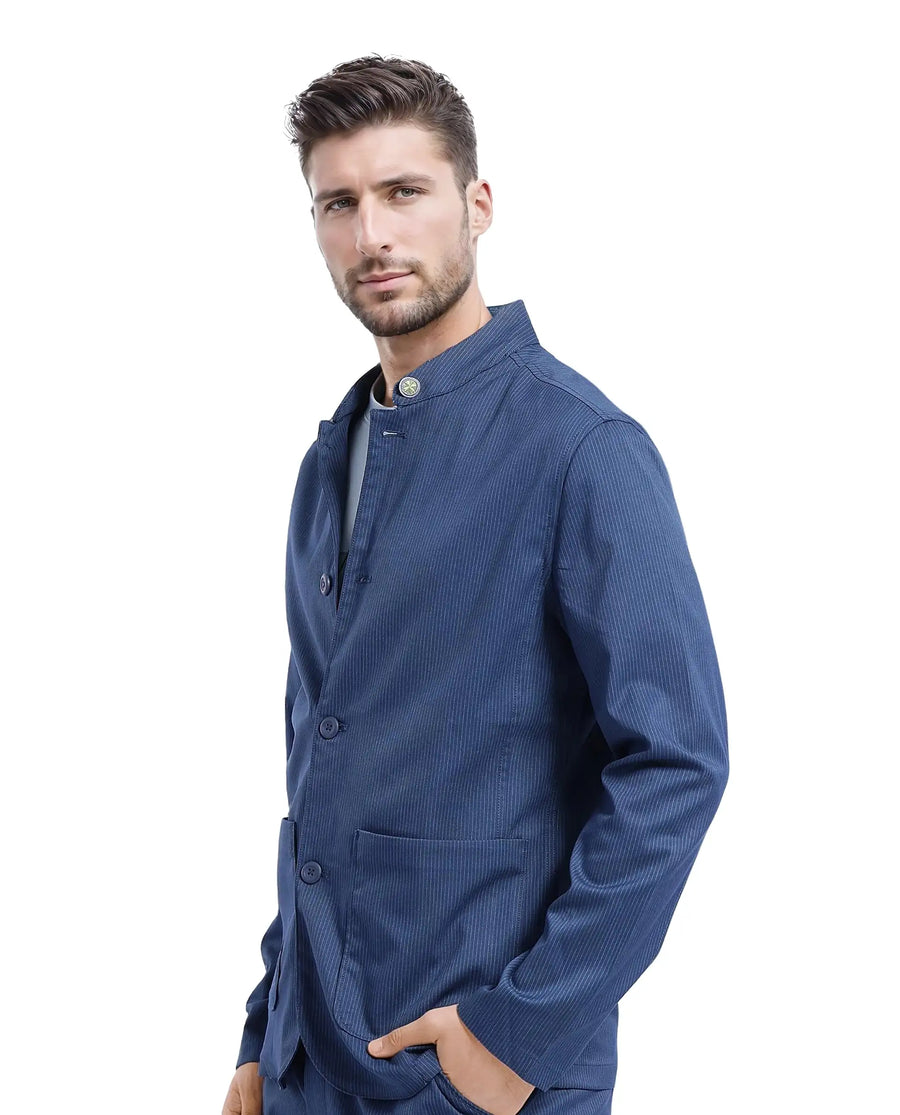 Rare Rabbit Men's Glewt Dark Teal Polyester Blend Striped Print Regular Fit Full Sleeve Mandarin Collar Jacket