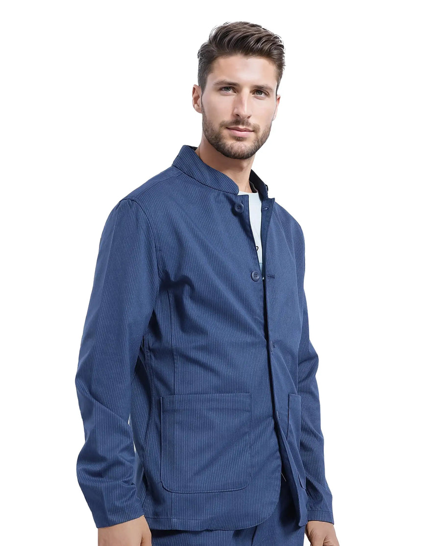 Rare Rabbit Men's Glewt Dark Teal Polyester Blend Striped Print Regular Fit Full Sleeve Mandarin Collar Jacket