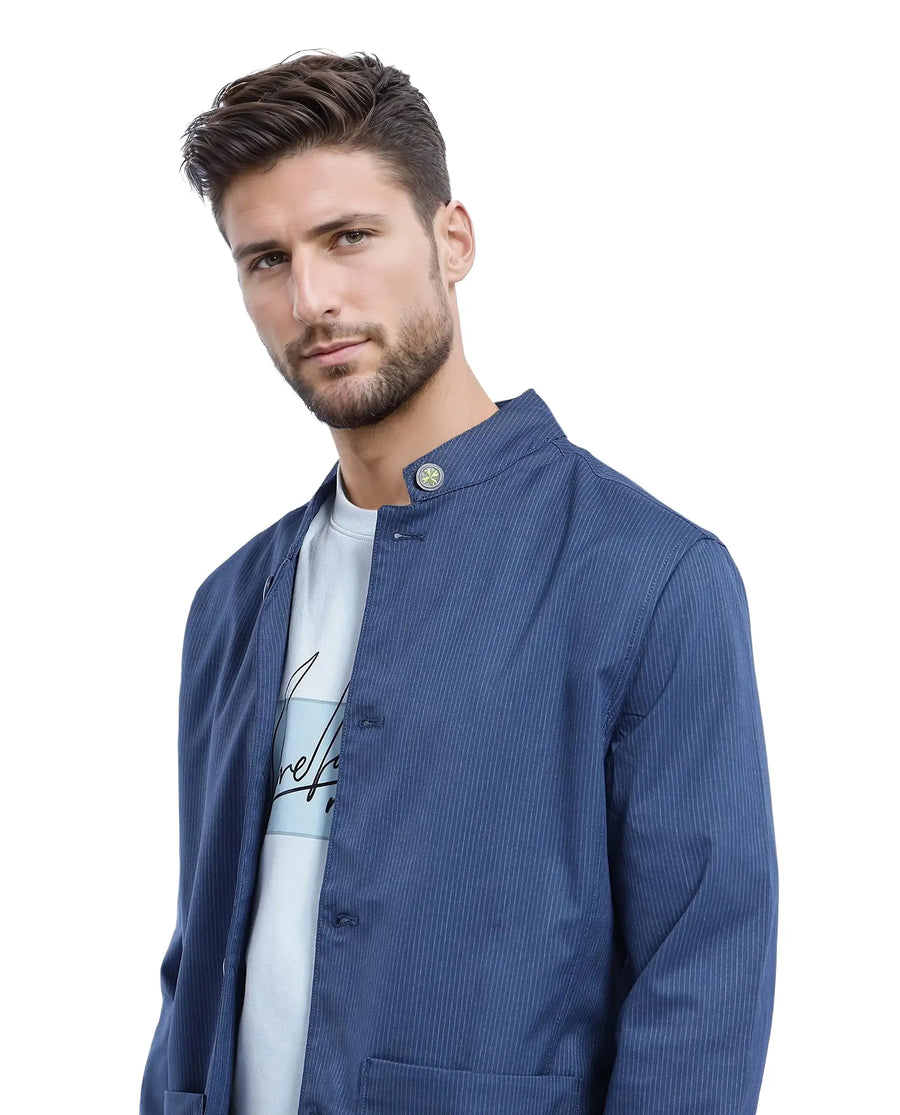 Rare Rabbit Men's Glewt Dark Teal Polyester Blend Striped Print Regular Fit Full Sleeve Mandarin Collar Jacket