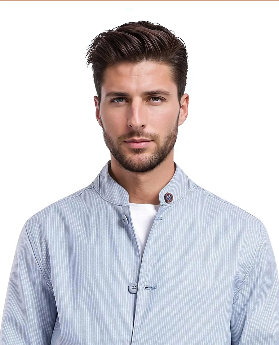 Rare Rabbit Men's Glewt Pastel Blue Striped Print Regular Fit Full Sleeve Spread Collar Jacket