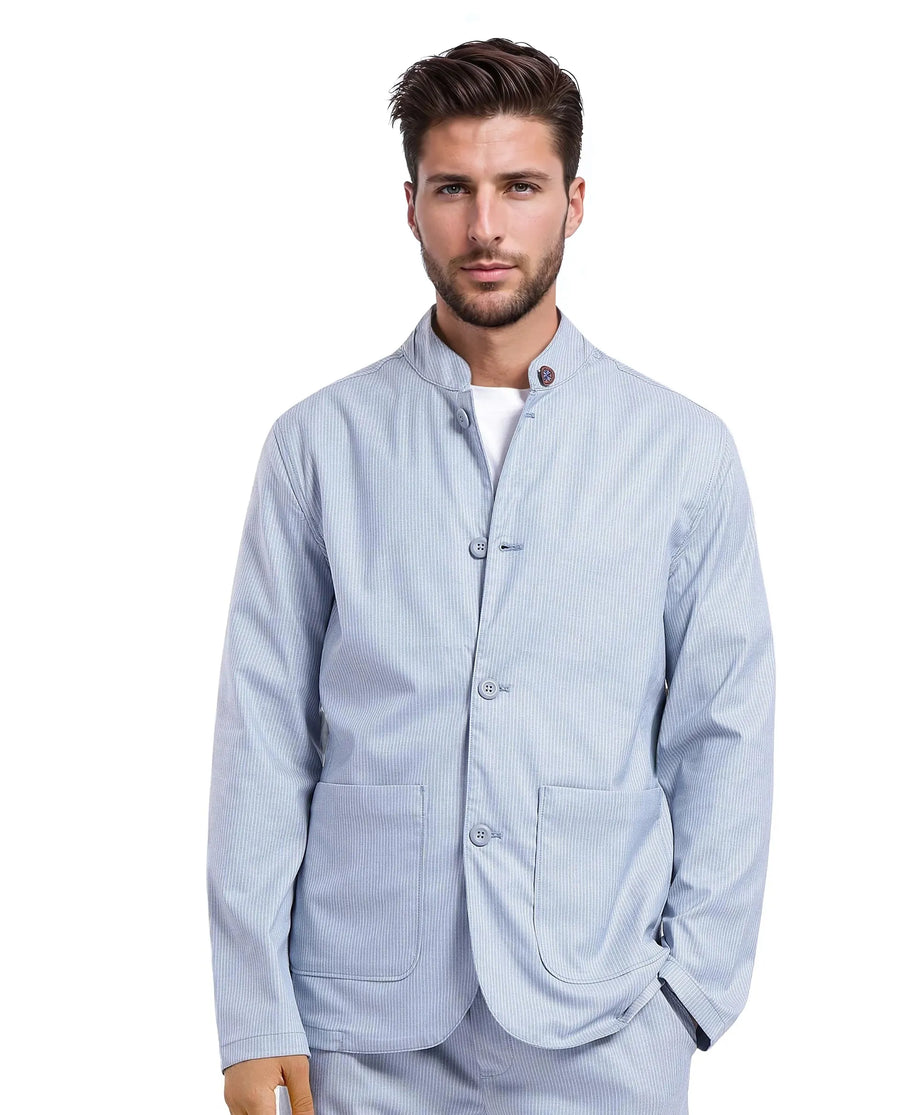 Rare Rabbit Men's Glewt Pastel Blue Striped Print Regular Fit Full Sleeve Spread Collar Jacket