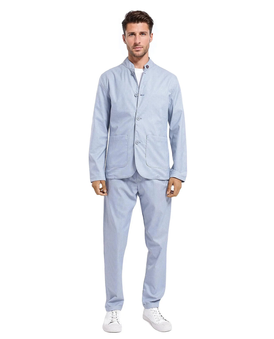 Rare Rabbit Men's Glewt Pastel Blue Striped Print Regular Fit Full Sleeve Spread Collar Jacket