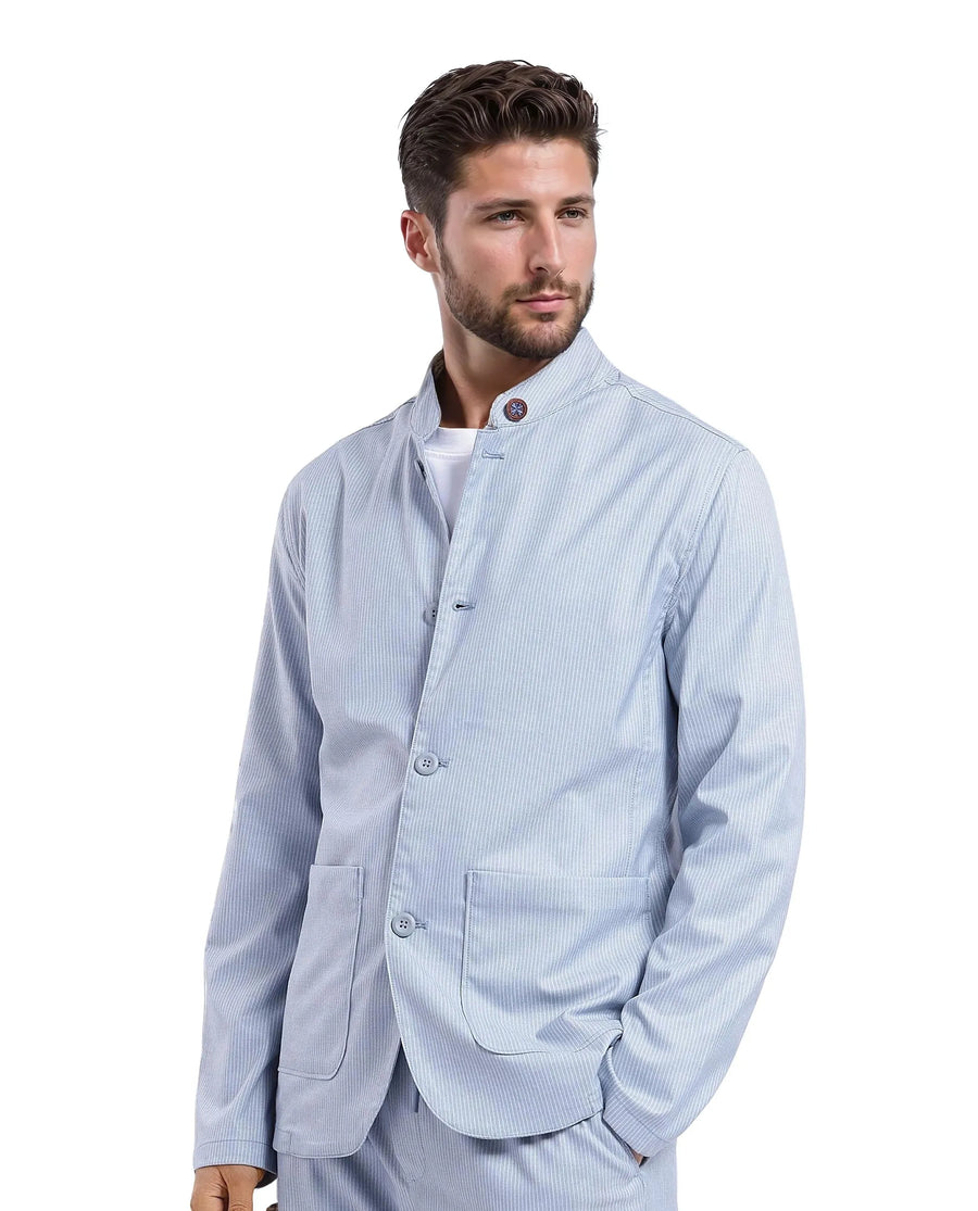 Rare Rabbit Men's Glewt Pastel Blue Striped Print Regular Fit Full Sleeve Spread Collar Jacket