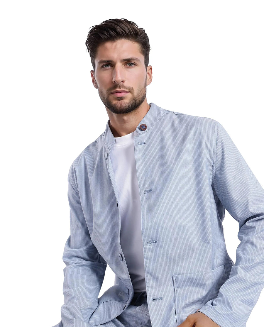 Rare Rabbit Men's Glewt Pastel Blue Striped Print Regular Fit Full Sleeve Spread Collar Jacket
