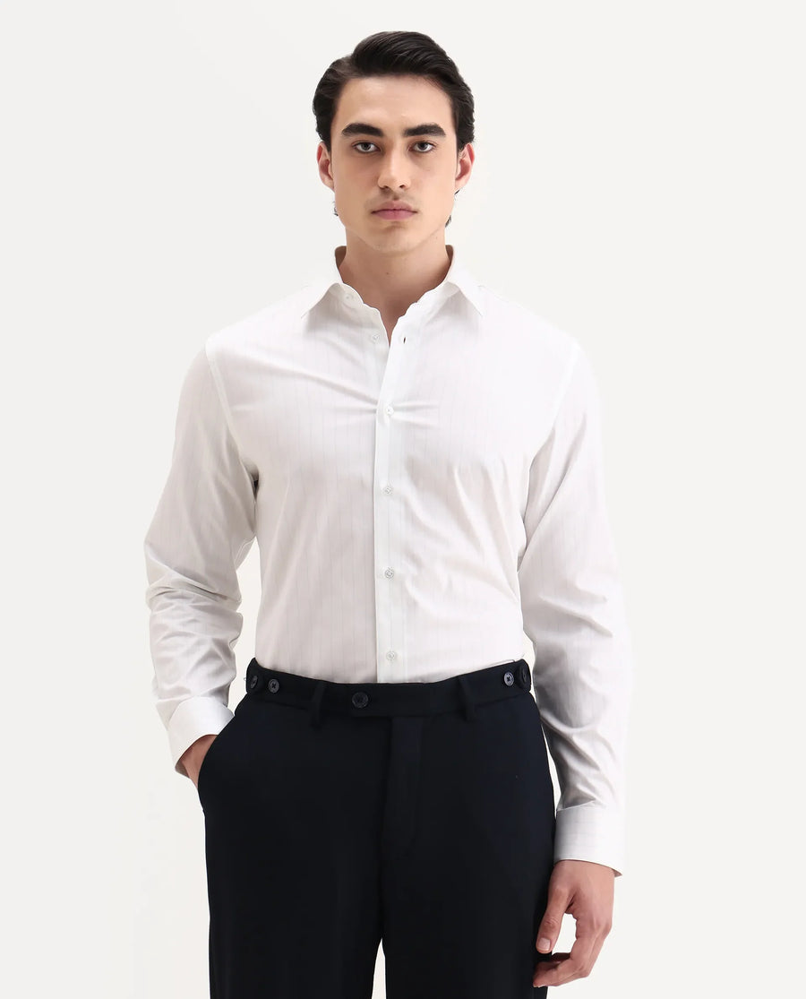Rare Rabbit Men's Glin Blue Cotton Fabric Collared Neck Regular Fit Striped Shirt