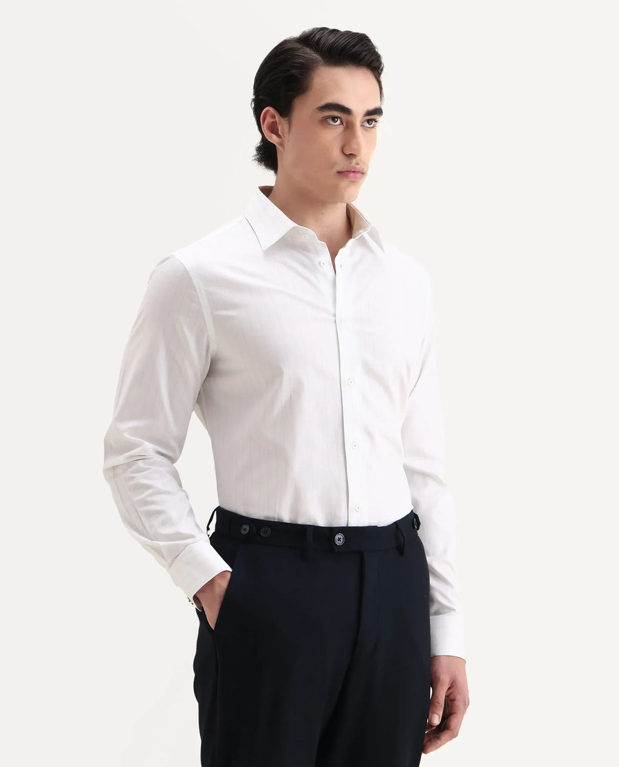 Rare Rabbit Men's Glin Blue Cotton Fabric Collared Neck Regular Fit Striped Shirt