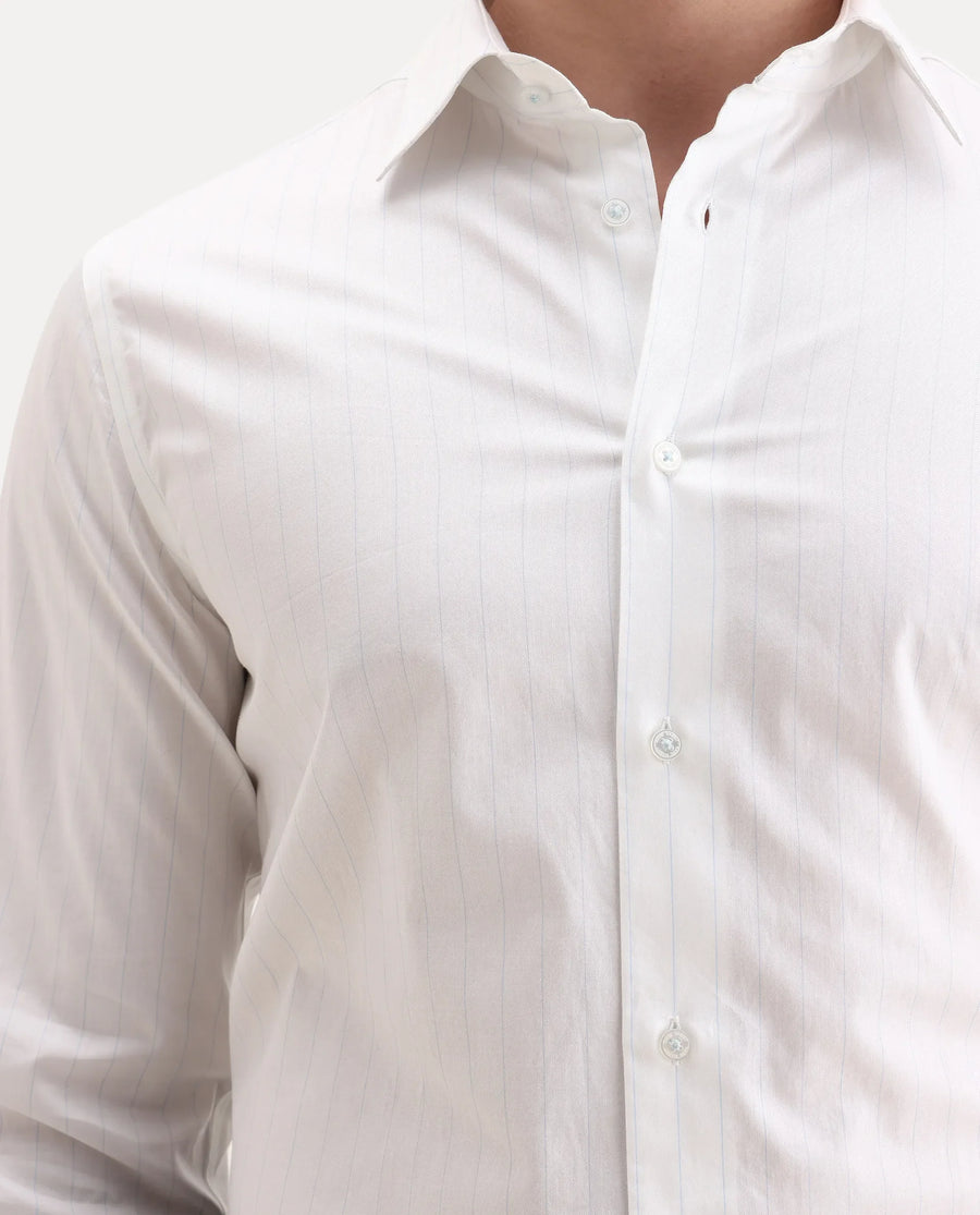Rare Rabbit Men's Glin Blue Cotton Fabric Collared Neck Regular Fit Striped Shirt