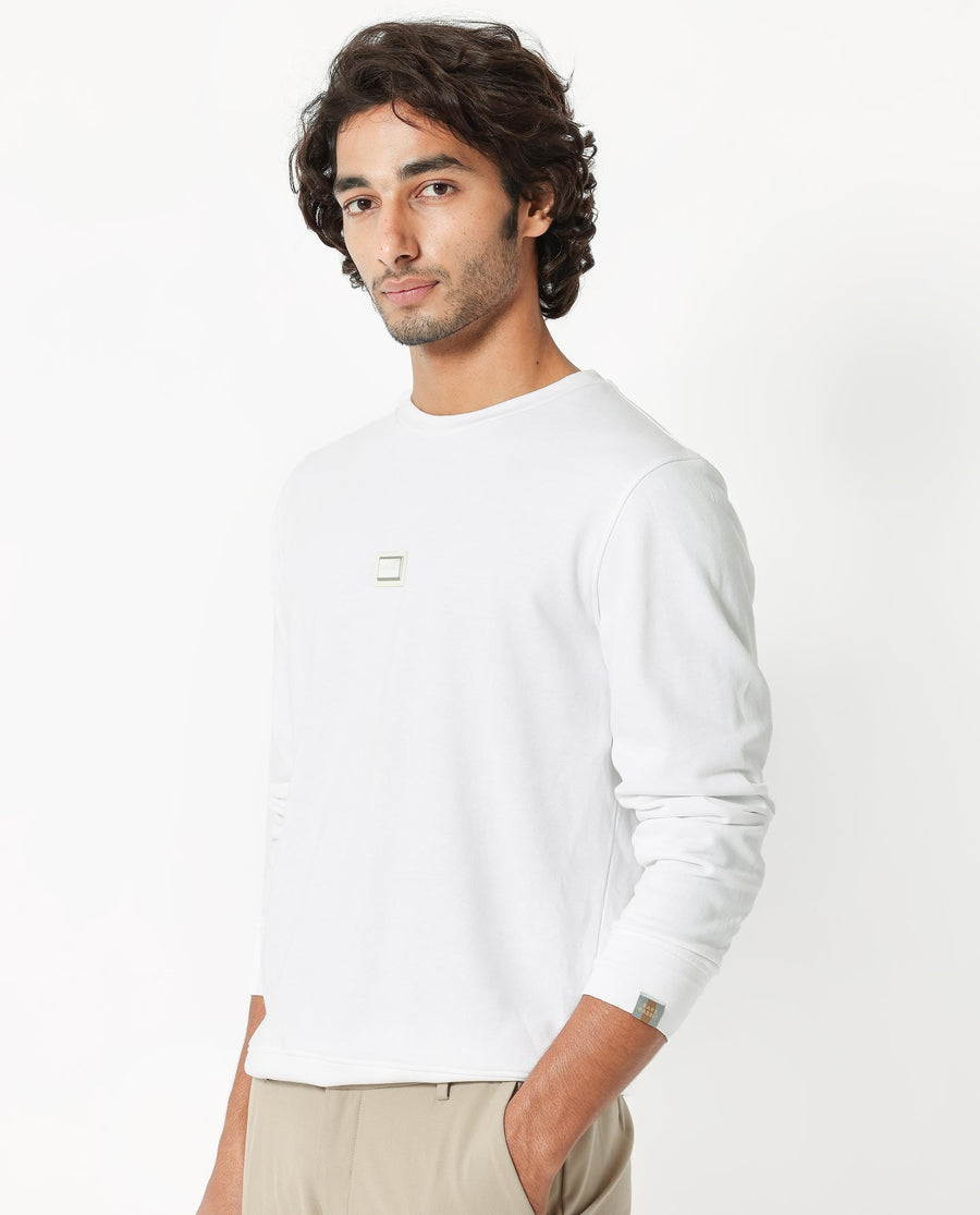 Rare Rabbit Men's Glitch White Cotton Plain Regular Fit Full Sleeve Crew Neck Sweatshirt