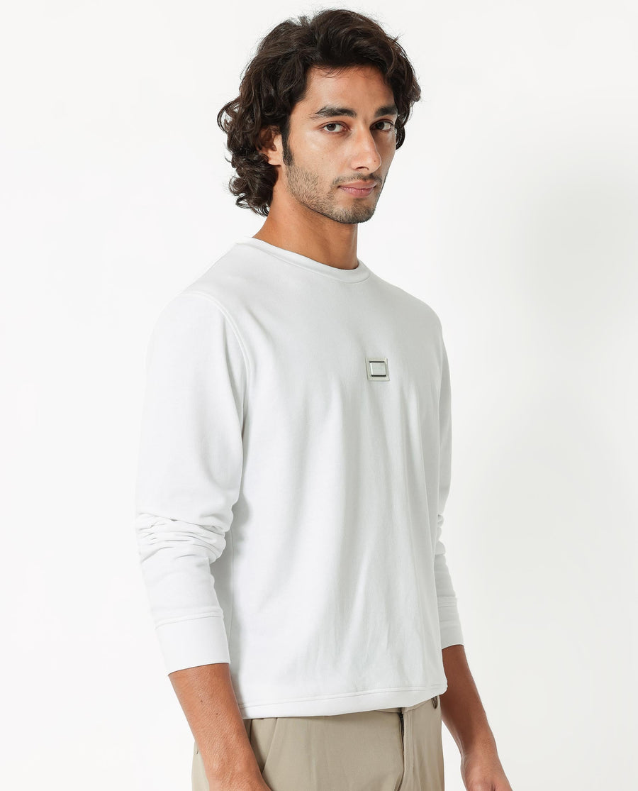 Rare Rabbit Men's Glitch White Cotton Plain Regular Fit Full Sleeve Crew Neck Sweatshirt