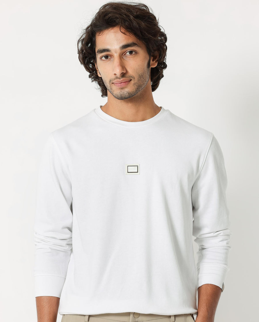 Rare Rabbit Men's Glitch White Cotton Plain Regular Fit Full Sleeve Crew Neck Sweatshirt