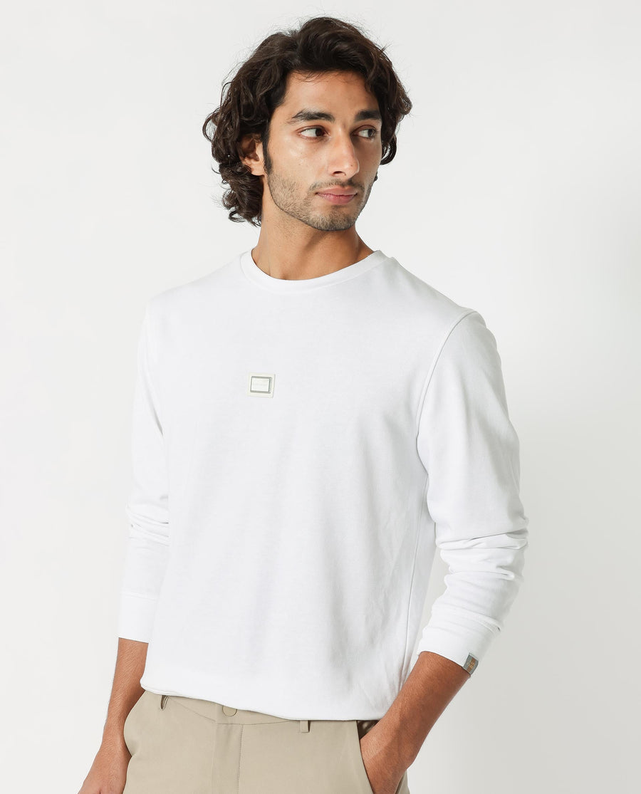 Rare Rabbit Men's Glitch White Cotton Plain Regular Fit Full Sleeve Crew Neck Sweatshirt