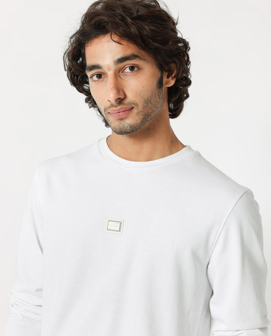Rare Rabbit Men's Glitch White Cotton Plain Regular Fit Full Sleeve Crew Neck Sweatshirt