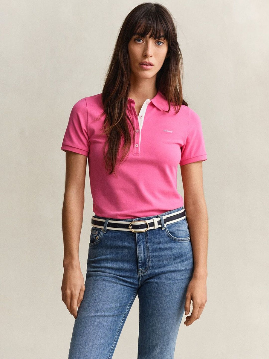 Gant Women Pink Solid Slim Fit Pique Polo T-Shirt