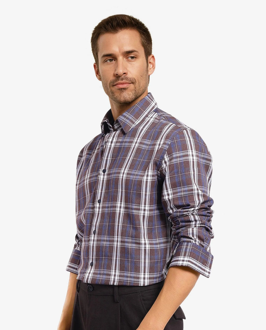 Rare Rabbit Men's Golk Brown Cotton Checked Print Regular Fit Full Sleeve Collared Shirt