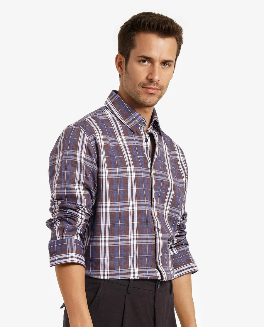 Rare Rabbit Men's Golk Brown Cotton Checked Print Regular Fit Full Sleeve Collared Shirt