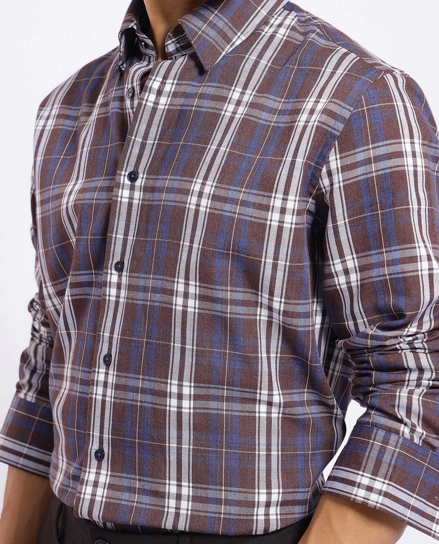 Rare Rabbit Men's Golk Brown Cotton Checked Print Regular Fit Full Sleeve Collared Shirt