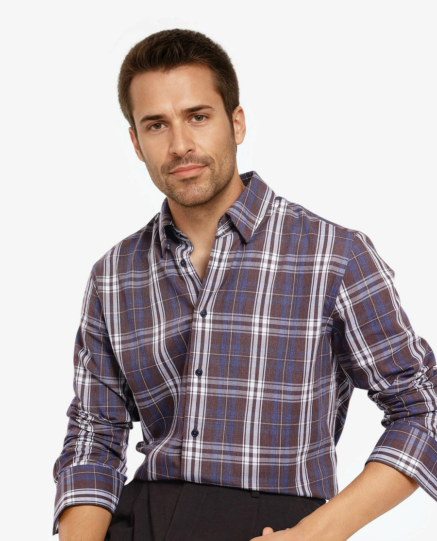 Rare Rabbit Men's Golk Brown Cotton Checked Print Regular Fit Full Sleeve Collared Shirt