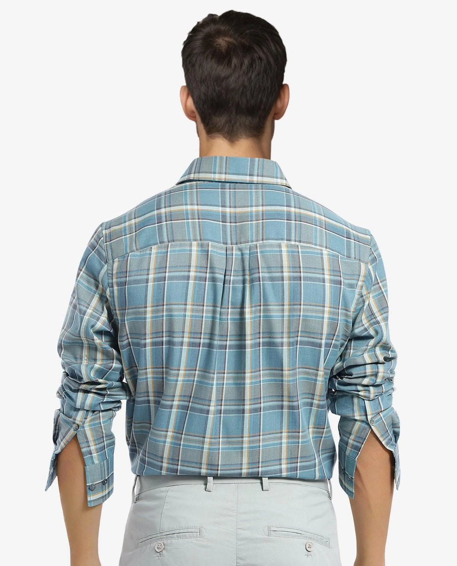 Rare Rabbit Men's Golk Turq Cotton Checked Print Regular Fit Full Sleeve Collared Shirt
