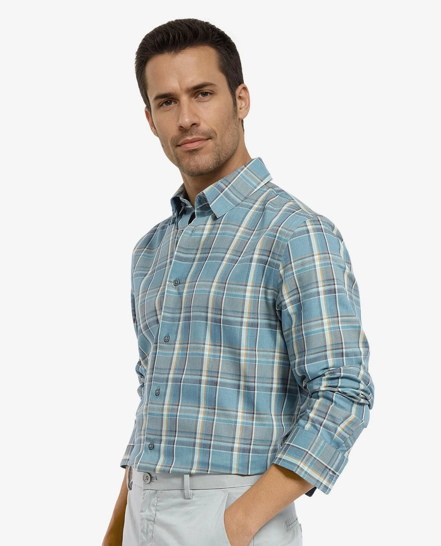 Rare Rabbit Men's Golk Turq Cotton Checked Print Regular Fit Full Sleeve Collared Shirt