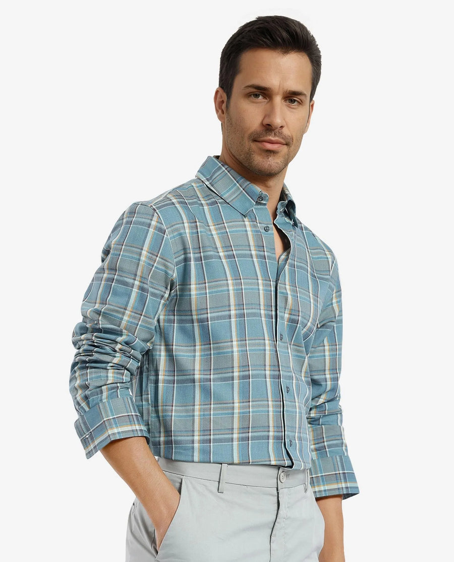 Rare Rabbit Men's Golk Turq Cotton Checked Print Regular Fit Full Sleeve Collared Shirt