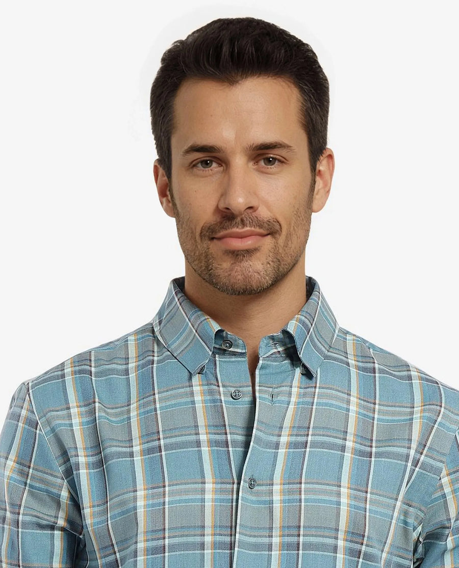 Rare Rabbit Men's Golk Turq Cotton Checked Print Regular Fit Full Sleeve Collared Shirt