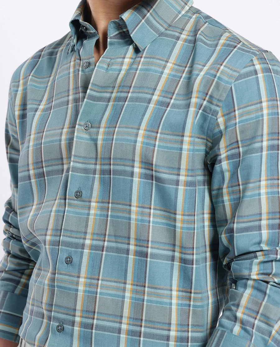 Rare Rabbit Men's Golk Turq Cotton Checked Print Regular Fit Full Sleeve Collared Shirt