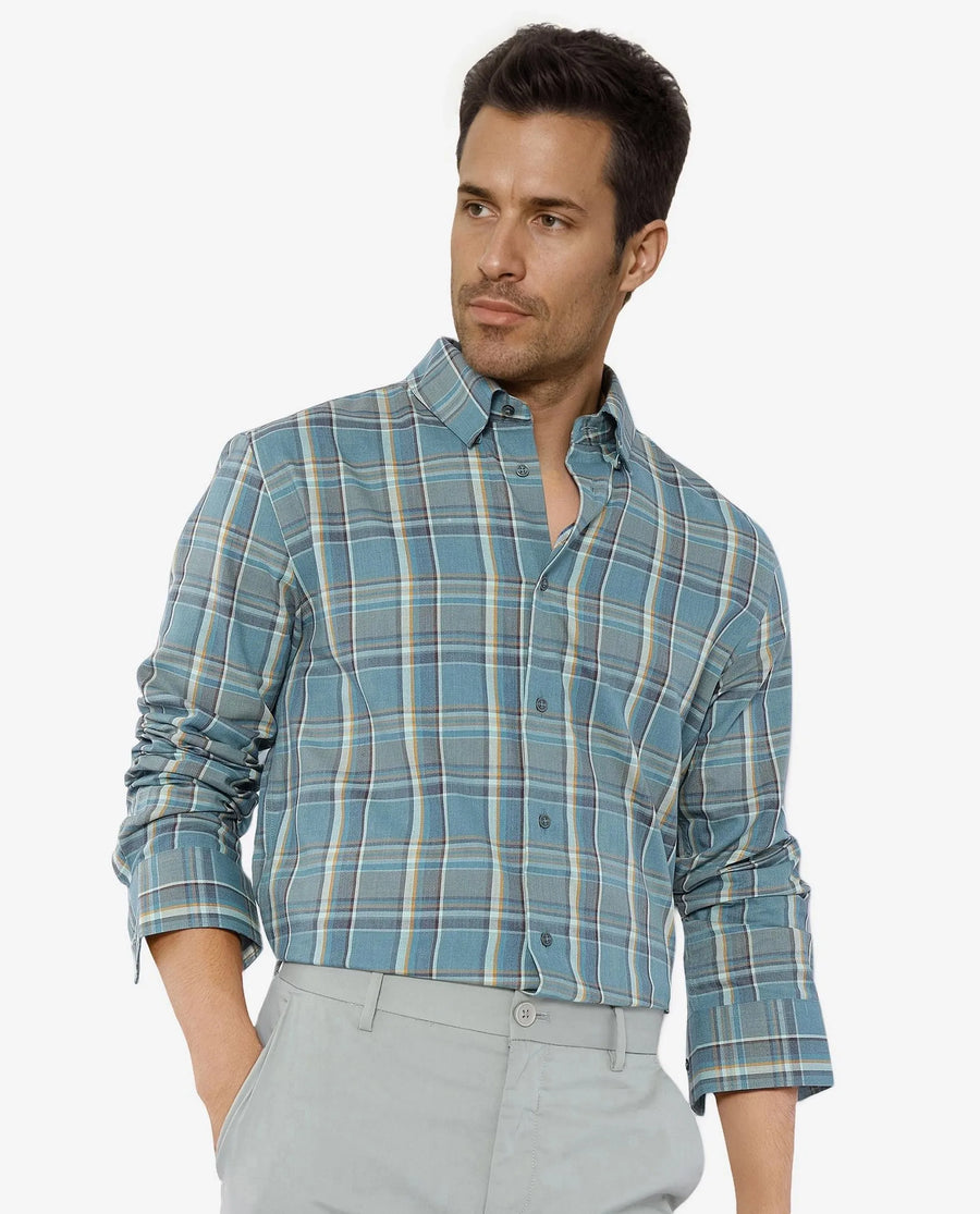 Rare Rabbit Men's Golk Turq Cotton Checked Print Regular Fit Full Sleeve Collared Shirt