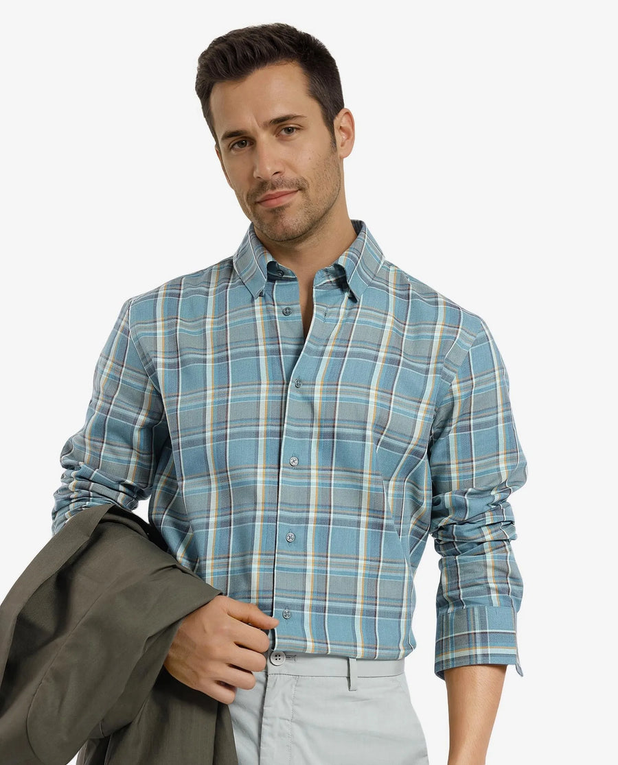 Rare Rabbit Men's Golk Turq Cotton Checked Print Regular Fit Full Sleeve Collared Shirt