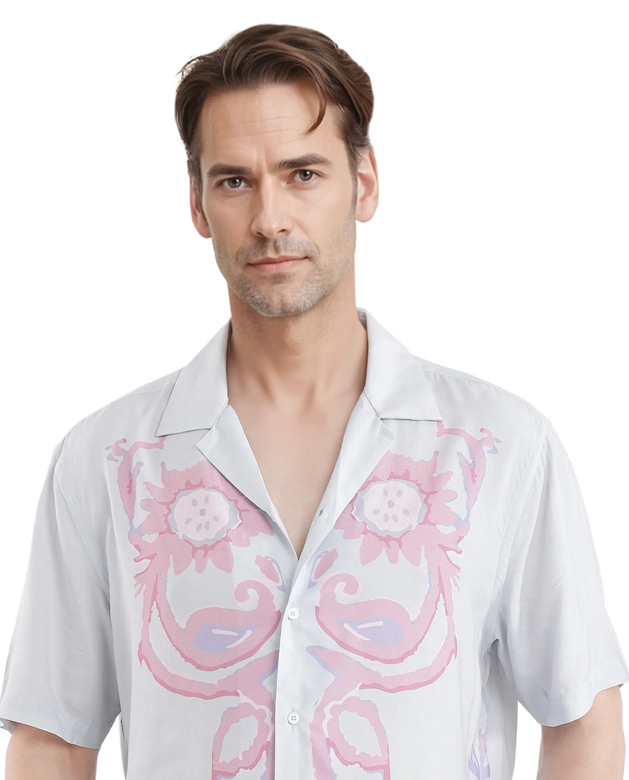 Rare Rabbit Men's Gome Light Blue Cotton Printed Boxy Fit Half Sleeve Cuban Collar Shirt
