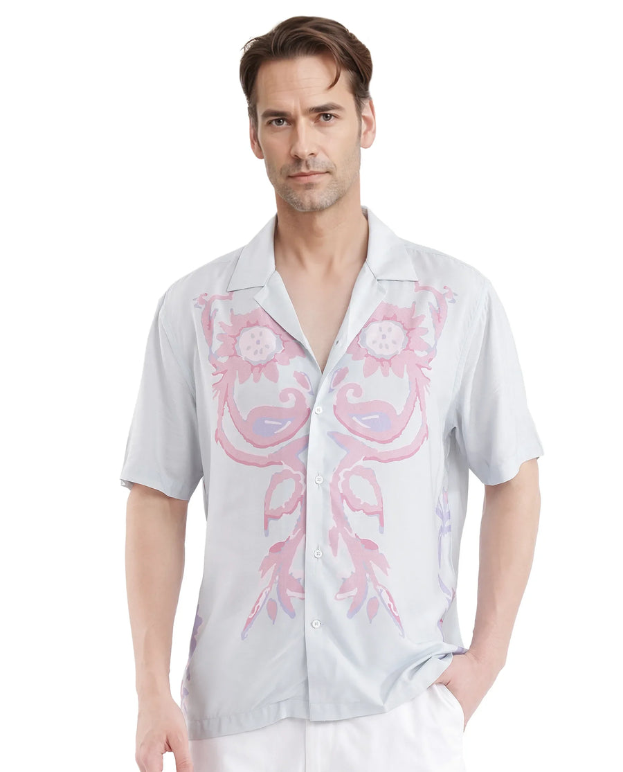 Rare Rabbit Men's Gome Light Blue Cotton Printed Boxy Fit Half Sleeve Cuban Collar Shirt