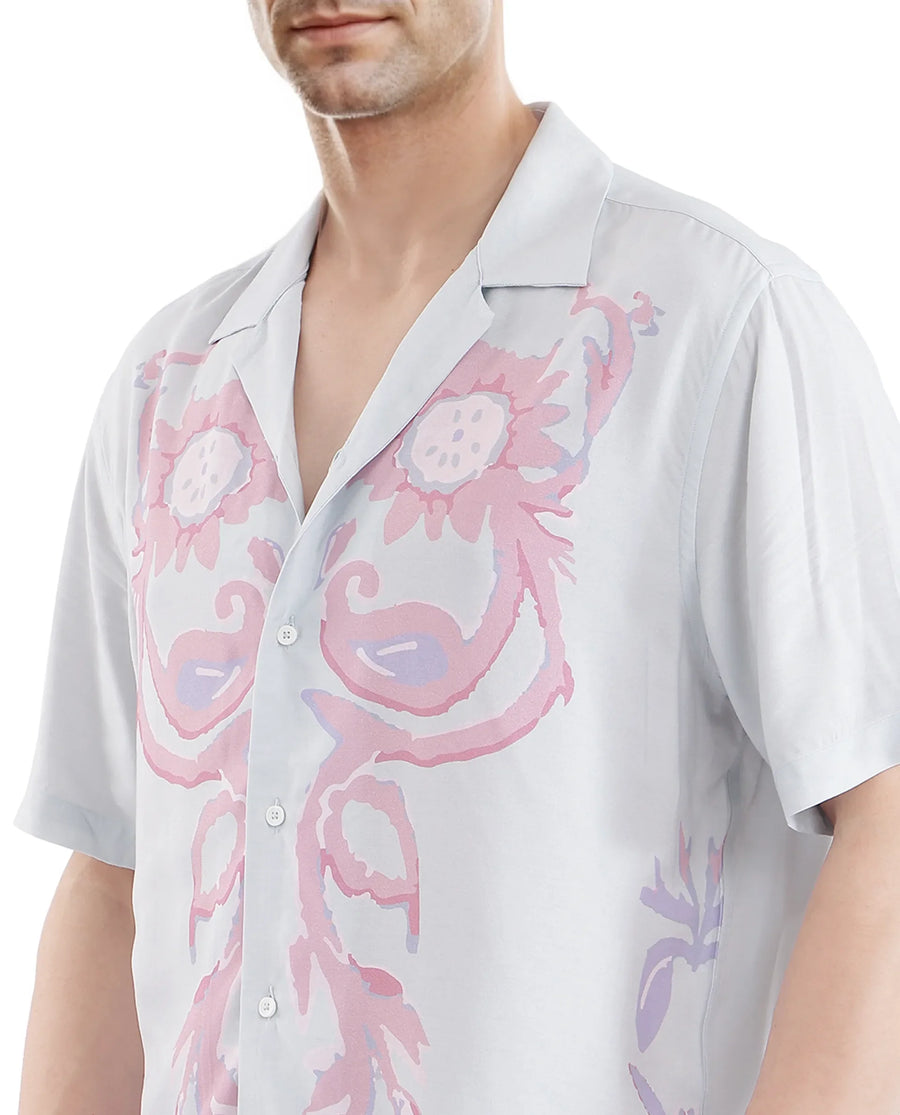 Rare Rabbit Men's Gome Light Blue Cotton Printed Boxy Fit Half Sleeve Cuban Collar Shirt