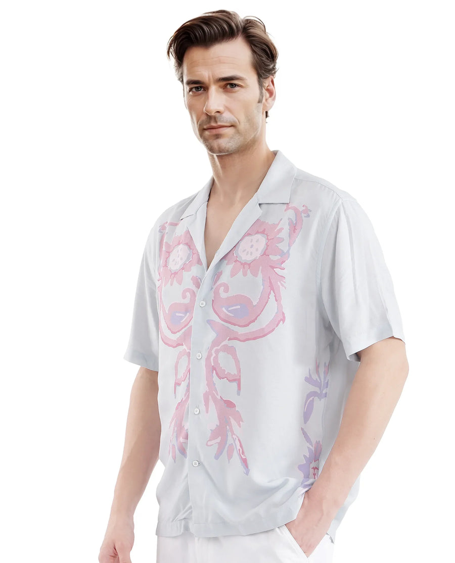 Rare Rabbit Men's Gome Light Blue Cotton Printed Boxy Fit Half Sleeve Cuban Collar Shirt
